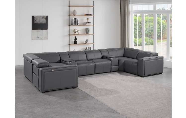 1224 - DivanItalia Dark Grey 8-Piece U-Shaped Modular Power Reclining Sectional with 2 Power Recliners and Power Headrests - Top Grain Italian Leather