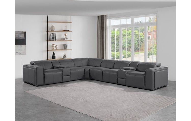 1224 - DivanItalia Dark Grey 8-Piece L-Shaped Modular Power Reclining Sectional with 4 Power Recliners and Power Headrests - Top Grain Italian Leather