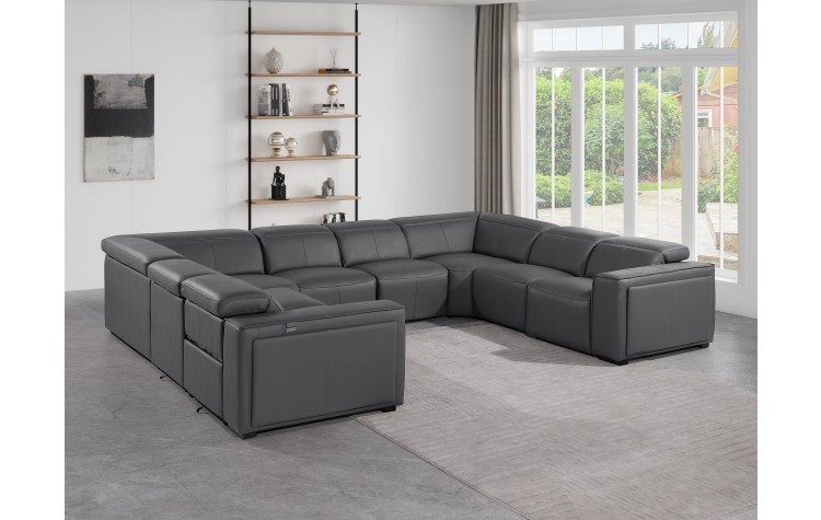 1224 - DivanItalia Dark Grey 8-Piece U-Shaped Modular Power Reclining Sectional with 4 Power Recliners and Power Headrests - No Console - Top Grain Italian Leather
