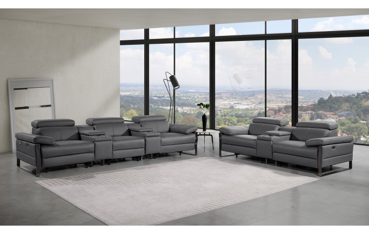 1224 - DivanItalia Dark Grey Modular Power Reclining Dual Console Sofa and Console Loveseat Set with Power Headrests - Top Grain Italian Leather