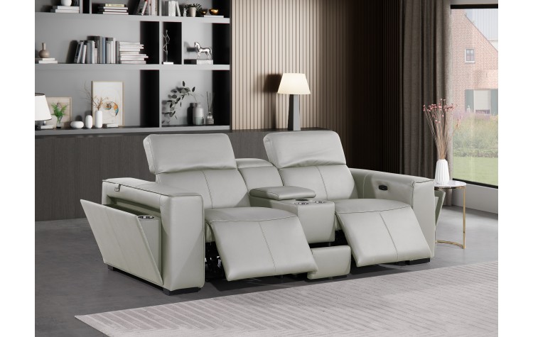 1224 - DivanItalia Light Grey Top Grain Italian Leather Console Loveseat with Power Headrest