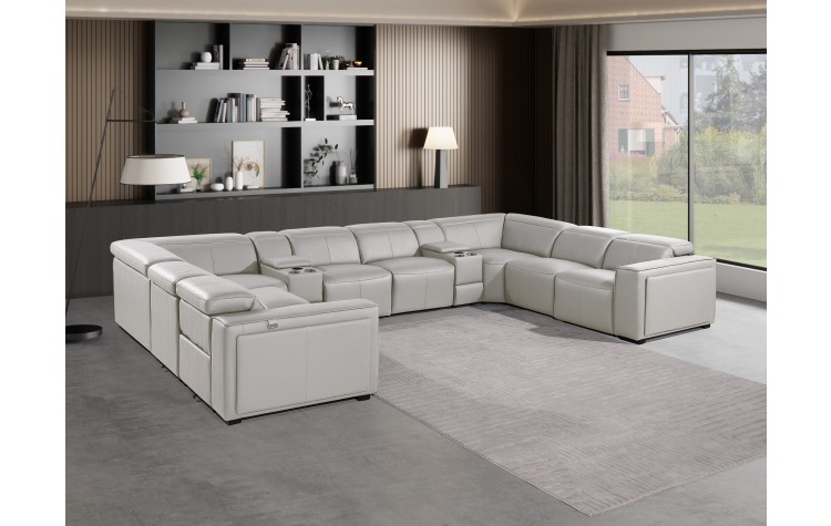 1224 - DivanItalia Light Grey 10-Piece U-Shaped Modular Power Reclining Sectional with 4 Power Recliners and Power Headrests - Top Grain Italian Leather