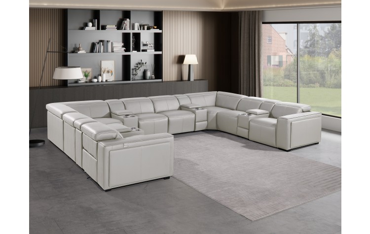 1224 - DivanItalia Light Grey 12-Piece U-Shaped Modular Power Reclining Sectional with 4 Power Recliners and Power Headrests - Top Grain Italian Leather