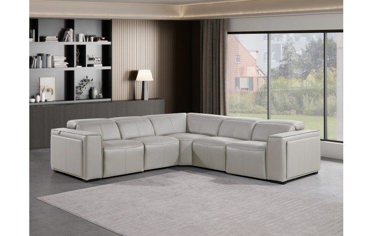 1224 - DivanItalia Light Grey 5-Piece L-Shaped Modular Power Reclining Sectional with Power Headrests - Top Grain Italian Leather