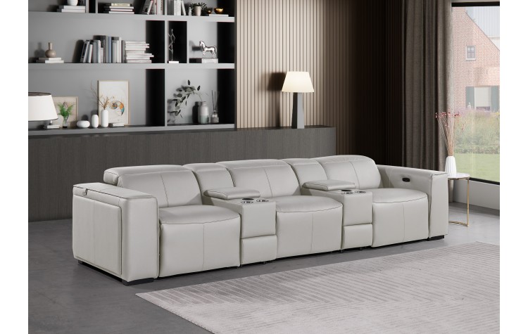 1224 - DivanItalia Light Grey Modular Power Triple Reclining Dual Console Sofa with Power Reclining Headrests - Top Grain Italian Leather