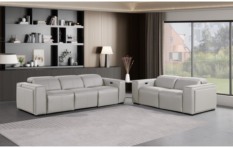 1224 - DivanItalia Light Grey Modular Power Dual Reclining Sofa and Loveseat Set with Power Headrests - Top Grain Italian Leather