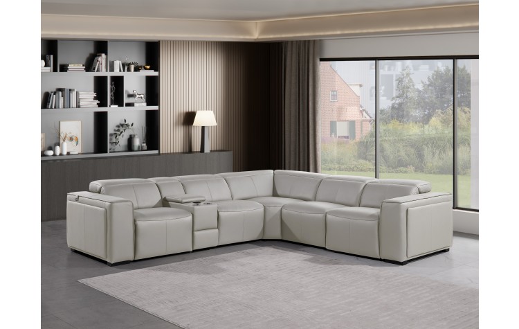1224 - DivanItalia Light Grey 6-Piece L-Shaped Modular Power Reclining Sectional with 3 Power Recliners and Power Headrests - Top Grain Italian Leather