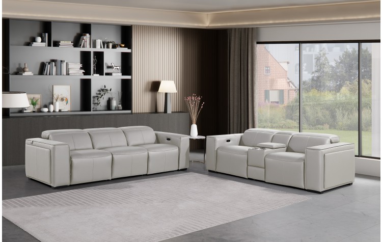 1224 - DivanItalia Light Grey Modular Power Triple Reclining Sofa and Console Loveseat Set with Power Headrests - Top Grain Italian Leather