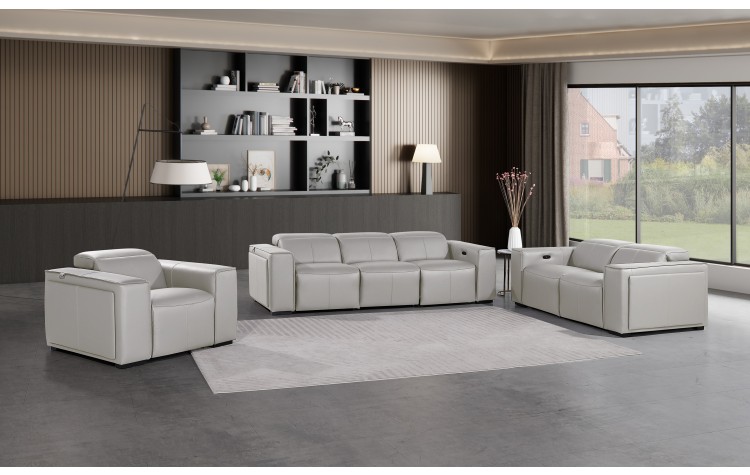 1224 - DivanItalia Light Grey Modular Power Dual Reclining Sofa, Loveseat, and Chair Set with Power Headrests - Top Grain Italian Leather