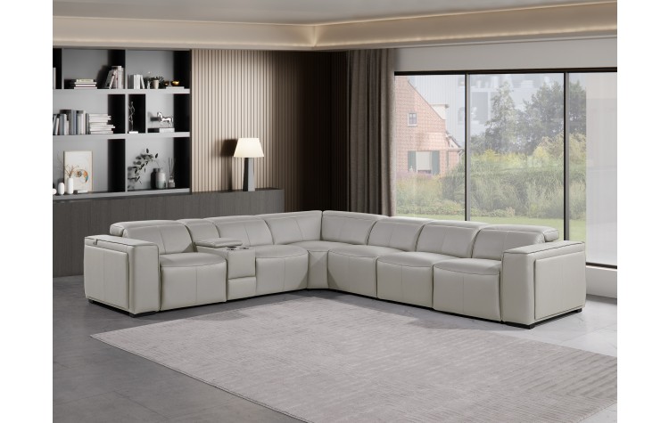 1224 - DivanItalia Light Grey 7-Piece L-Shaped Modular Power Reclining Sectional with 3 Power Recliners and Power Headrests - Top Grain Italian Leather