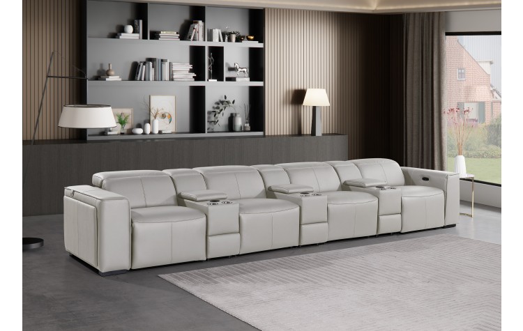 1224 - DivanItalia Light Grey Modular Power Triple Reclining Triple Console Sofa with Power Reclining Headrests - Top Grain Italian Leather