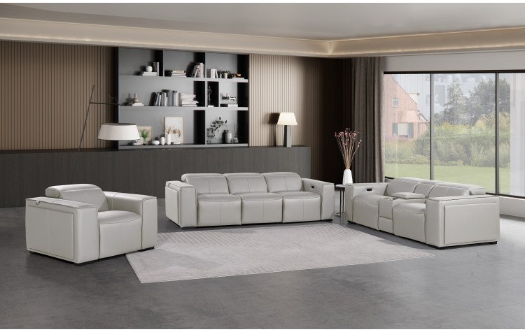 1224 - DivanItalia Light Grey Modular Power Triple Reclining Sofa, Console Loveseat, and Chair Set with Power Headrests - Top Grain Italian Leather