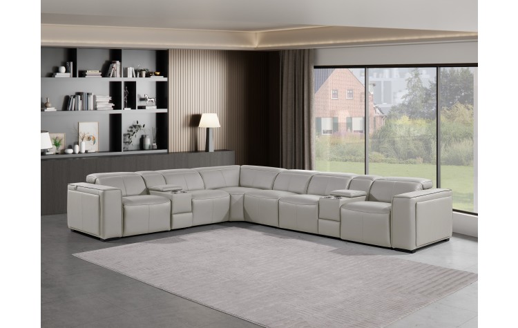 1224 - DivanItalia Light Grey 8-Piece L-Shaped Modular Power Reclining Sectional with 4 Power Recliners and Power Headrests - Top Grain Italian Leather