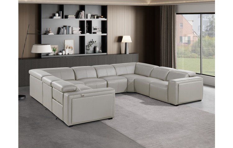 1224 - DivanItalia Light Grey 8-Piece U-Shaped Modular Power Reclining Sectional with 4 Power Recliners and Power Headrests - Top Grain Italian Leather