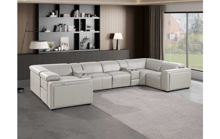 1224 - DivanItalia Light Grey 8-Piece U-Shaped Modular Power Reclining Sectional with 4 Power Recliners and Power Headrests - No Console - Top Grain Italian Leather