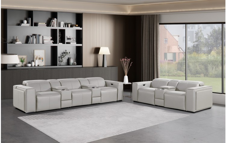 1224 - DivanItalia Light Grey Modular Power Reclining Dual Console Sofa and Console Loveseat Set with Power Headrests - Top Grain Italian Leather