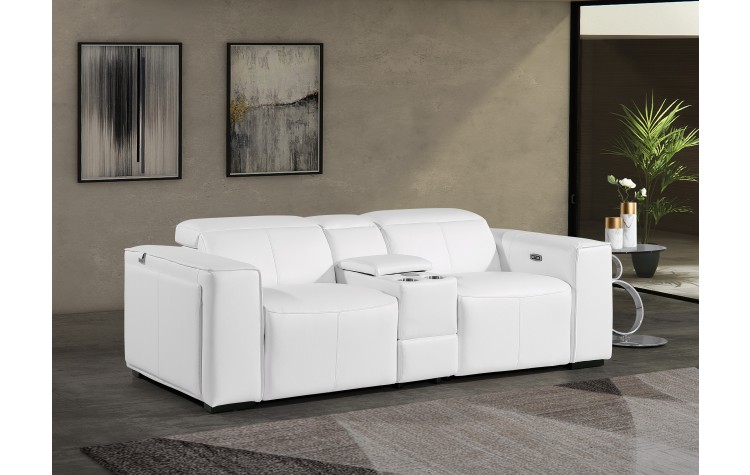 1224 - DivanItalia White Top Grain Italian Leather Console Loveseat with Power Headrest