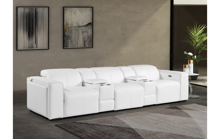 1224 - DivanItalia White Modular Power Triple Reclining Dual Console Sofa with Power Reclining Headrests - Top Grain Italian Leather