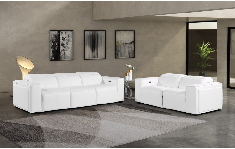 1224 - DivanItalia White Modular Power Dual Reclining Sofa and Loveseat Set with Power Headrests - Top Grain Italian Leather