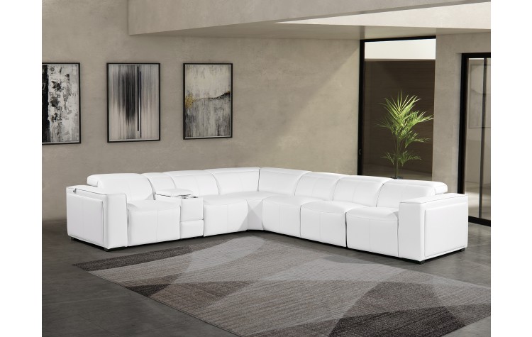 1224 - DivanItalia White 7-Piece L-Shaped Modular Power Reclining Sectional with 3 Power Recliners and Power Headrests - Top Grain Italian Leather