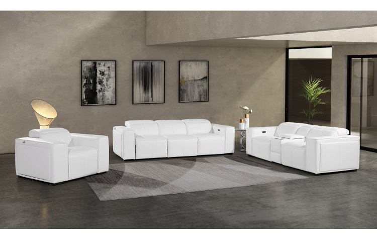 1224 - DivanItalia White Modular Power Dual Reclining Sofa, Console Loveseat, and Chair Set with Power Headrests - Top Grain Italian Leather