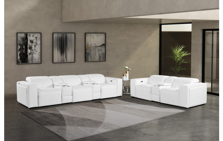 1224 - DivanItalia White Modular Power Reclining Dual Console Sofa and Console Loveseat Set with Power Headrests - Top Grain Italian Leather