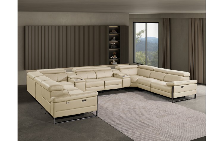 1246 - DivanItalia Beige 10-Piece U-Shaped Modular Power Reclining Sectional with 4 Power Recliners and Power Headrests - Top Grain Italian Leather