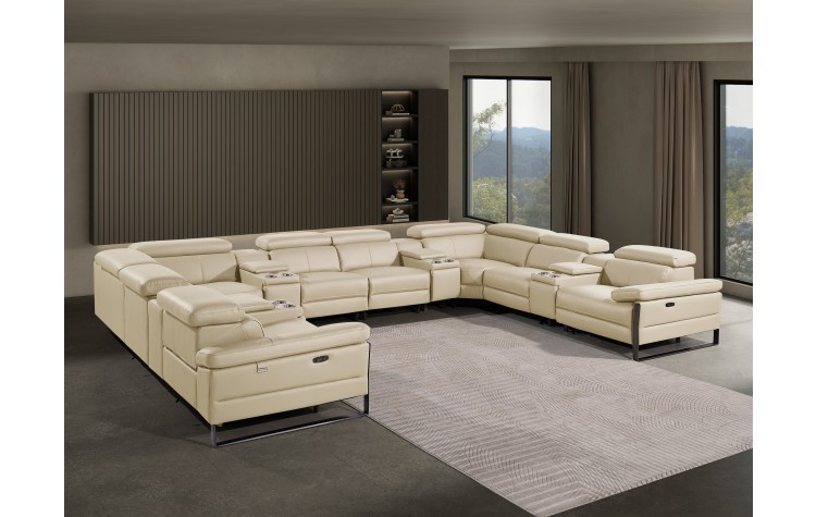 1246 - DivanItalia Beige 12-Piece U-Shaped Modular Power Reclining Sectional with 4 Power Recliners and Power Headrests - Top Grain Italian Leather