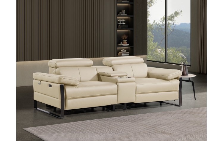 1246 - DivanItalia Beige Top Grain Italian Leather Console Loveseat with Power Headrest