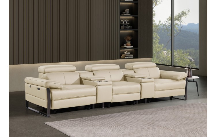 1246 - DivanItalia Beige Modular Power Triple Reclining Dual Console Sofa with Power Reclining Headrests - Top Grain Italian Leather