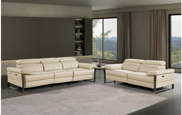 1246 - DivanItalia Beige Modular Power Dual Reclining Sofa and Loveseat Set with Power Headrests - Top Grain Italian Leather