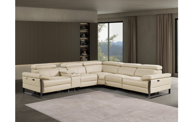 1246 - DivanItalia Beige 6-Piece L-Shaped Modular Power Reclining Sectional with 3 Power Recliners and Power Headrests - Top Grain Italian Leather