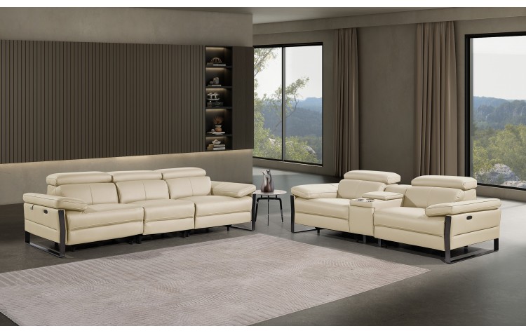 1246 - DivanItalia Beige Modular Power Triple Reclining Sofa and Console Loveseat Set with Power Headrests - Top Grain Italian Leather
