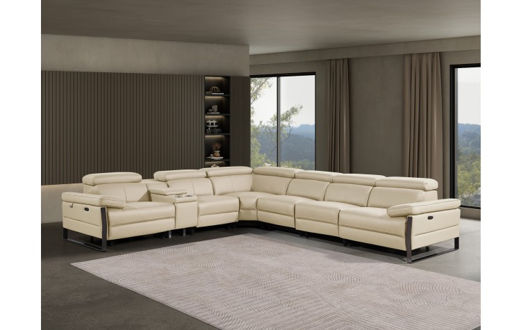 1246 - DivanItalia Beige 7-Piece L-Shaped Modular Power Reclining Sectional with 4 Power Recliners and Power Headrests - Top Grain Italian Leather