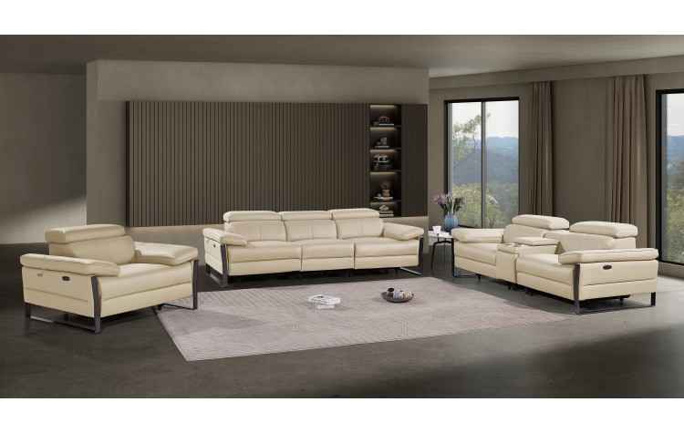 1246 - DivanItalia Beige Modular Power Triple Reclining Sofa, Console Loveseat, and Chair Set with Power Headrests - Top Grain Italian Leather