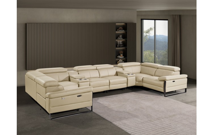 1246 - DivanItalia Beige 8-Piece U-Shaped Modular Power Reclining Sectional with 2 Power Recliners and Power Headrests - Top Grain Italian Leather
