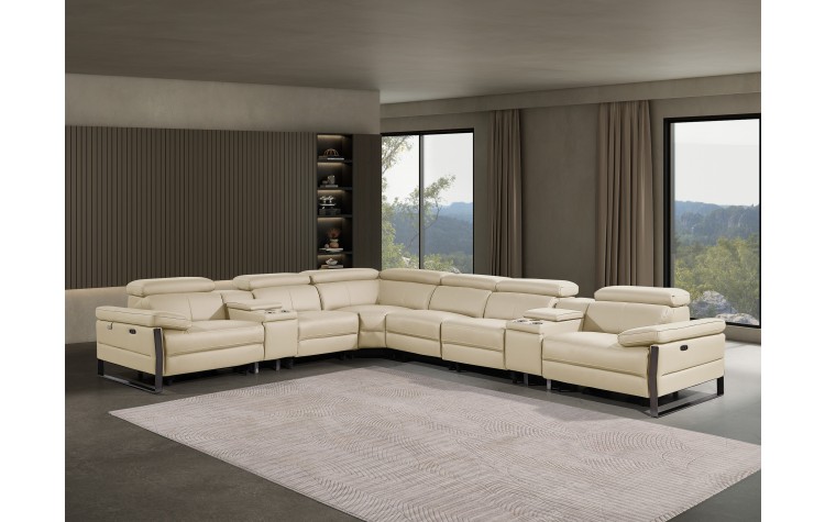 1246 - DivanItalia Beige 8-Piece L-Shaped Modular Power Reclining Sectional with 3 Power Recliners and Power Headrests - Top Grain Italian Leather