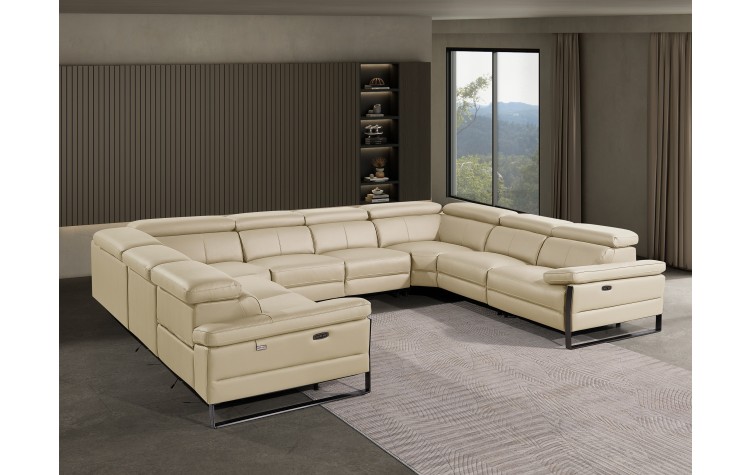 1246 - DivanItalia Beige 8-Piece U-Shaped Modular Power Reclining Sectional with 4 Power Recliners and Power Headrests - No Console - Top Grain Italian Leather