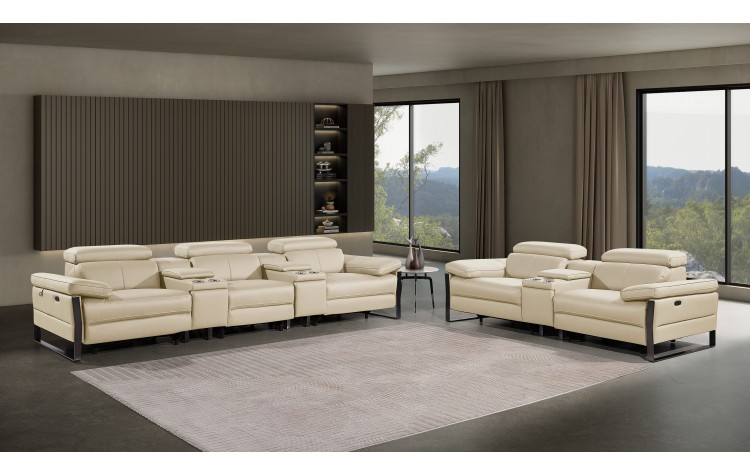 1246 - DivanItalia Beige Modular Power Reclining Dual Console Sofa and Console Loveseat Set with Power Headrests - Top Grain Italian Leather