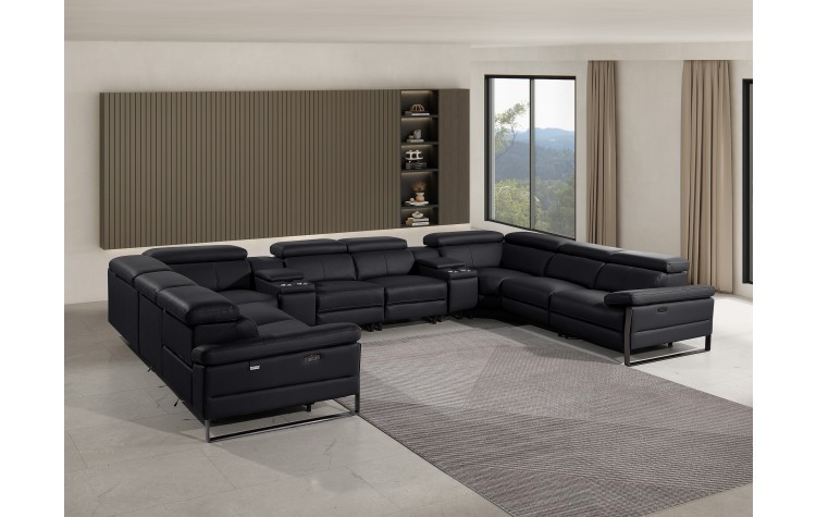1246 - DivanItalia Black 10-Piece U-Shaped Modular Power Reclining Sectional with 4 Power Recliners and Power Headrests - Top Grain Italian Leather