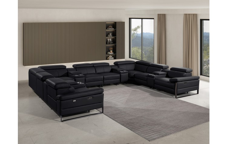 1246 - DivanItalia Black 12-Piece U-Shaped Modular Power Reclining Sectional with 4 Power Recliners and Power Headrests - Top Grain Italian Leather