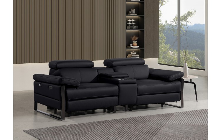 1246 - DivanItalia Black Top Grain Italian Leather Console Loveseat with Power Headrest