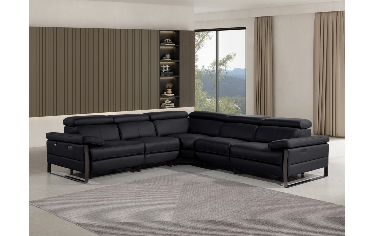 1246 - DivanItalia Black 5-Piece L-Shaped Modular Power Reclining Sectional with Power Headrests - Top Grain Italian Leather