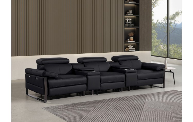 1246 - DivanItalia Black Modular Power Triple Reclining Dual Console Sofa with Power Reclining Headrests - Top Grain Italian Leather