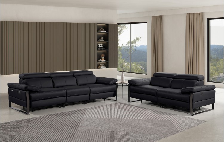 1246 - DivanItalia Black Modular Power Dual Reclining Sofa and Loveseat Set with Power Headrests - Top Grain Italian Leather