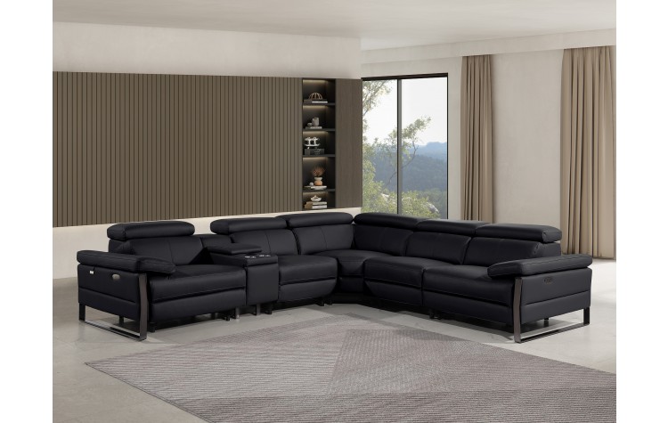 1246 - DivanItalia Black 6-Piece L-Shaped Modular Power Reclining Sectional with 3 Power Recliners and Power Headrests - Top Grain Italian Leather