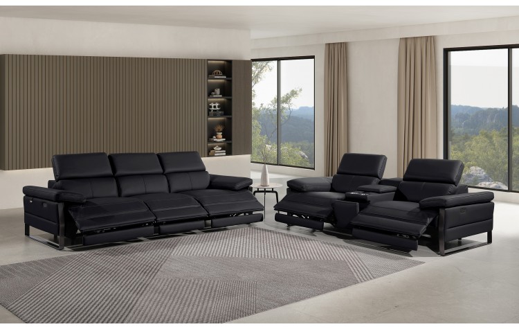 1246 - DivanItalia Black Modular Power Triple Reclining Sofa and Console Loveseat Set with Power Headrests - Top Grain Italian Leather