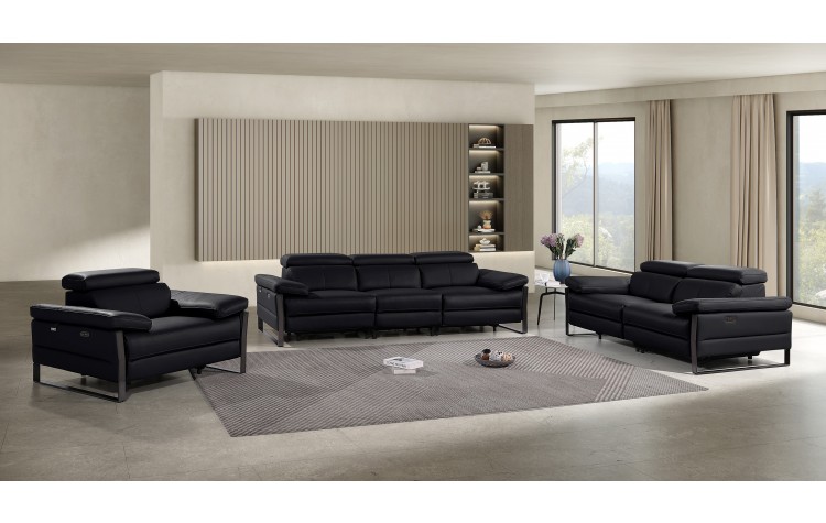 1246 - DivanItalia Black Modular Power Dual Reclining Sofa, Loveseat, and Chair Set with Power Headrests - Top Grain Italian Leather