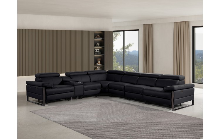 1246 - DivanItalia Black 7-Piece L-Shaped Modular Power Reclining Sectional with 4 Power Recliners and Power Headrests - Top Grain Italian Leather