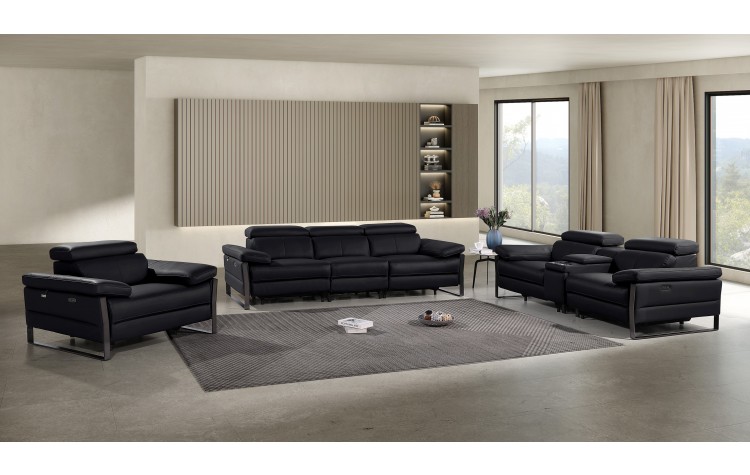 1246 - DivanItalia Black Modular Power Triple Reclining Sofa, Console Loveseat, and Chair Set with Power Headrests - Top Grain Italian Leather